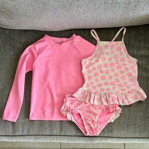 Old Navy Pink Flower Ruffled 3-piece Rashguard Tankini Swimsuit Set 🌸